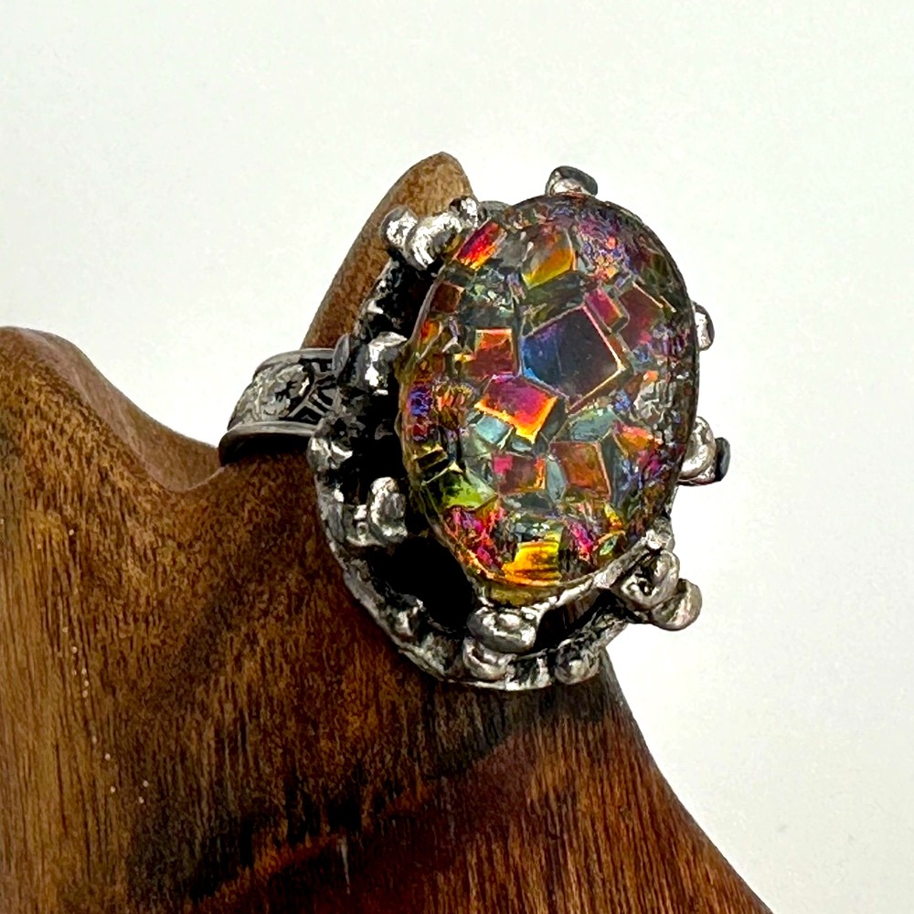 Rare Vintage Oval Multi Color Dichroic / Fused Glass Brutalist Ring | Adjustable
